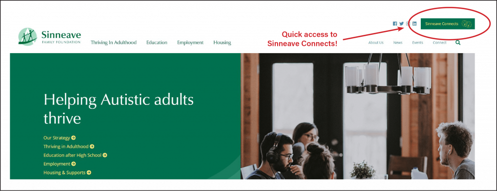 A screen grab of sinneavefoundation.org homepage with an arrow pointing to the Sinneave Connects button in the upper right corner