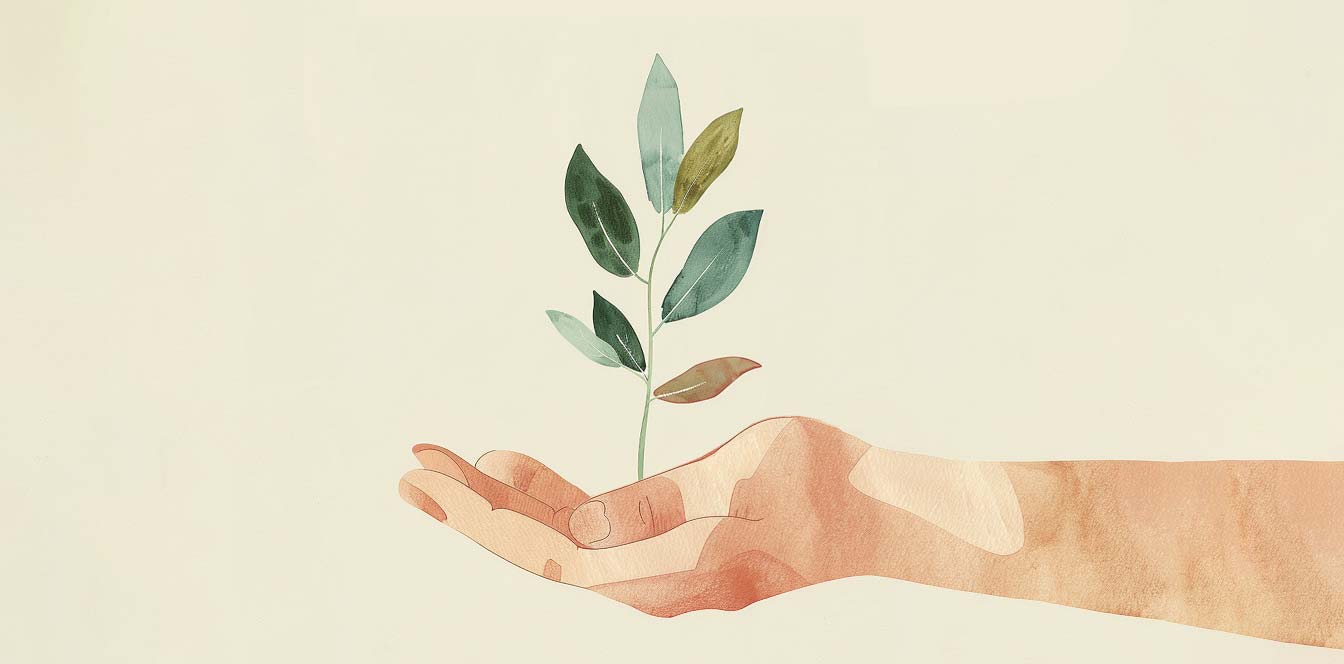 This image is a watercoloured graphic showing an elbow and hand out, with a tree being held in the palm of a hand. The image is for decorative purposes.