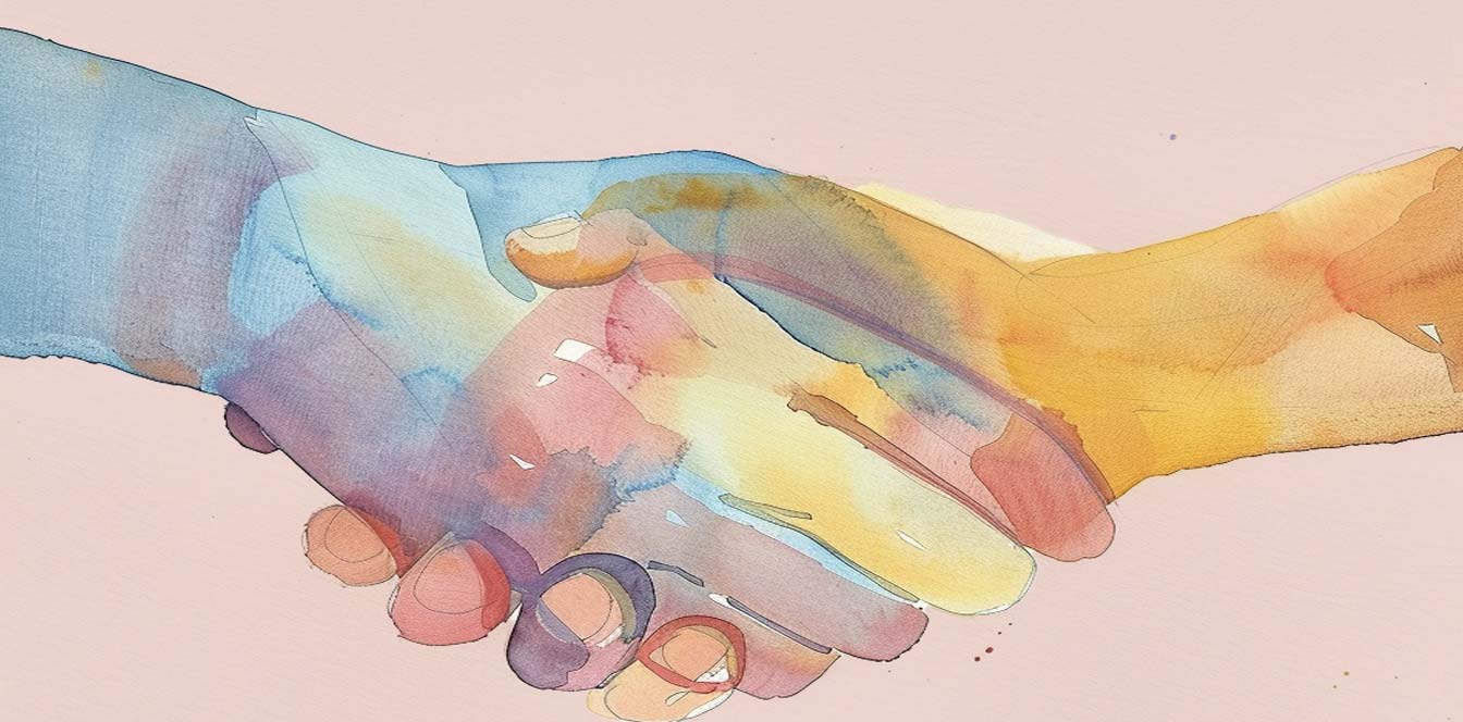 This image is a watercoloured graphic showing two hands shaking. The image is for decorative purposes.