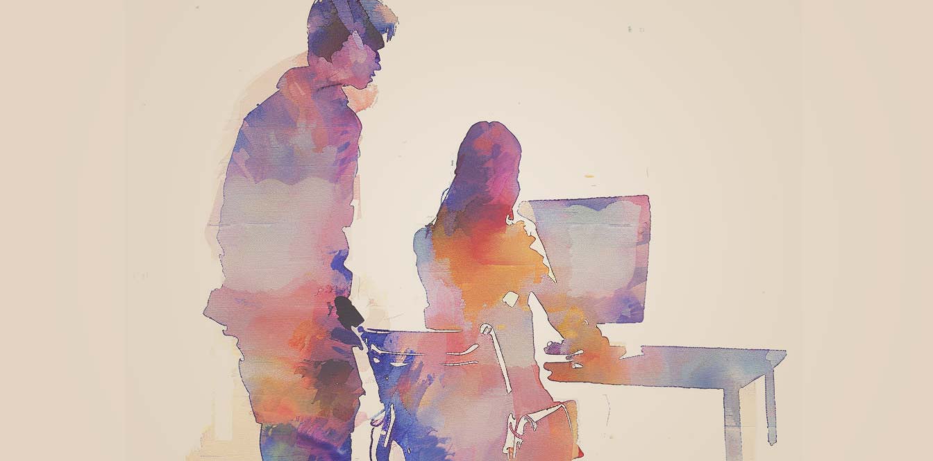 This image is a watercoloured graphic showing a male and female looking at a computer monitor. The image is for decorative purposes.