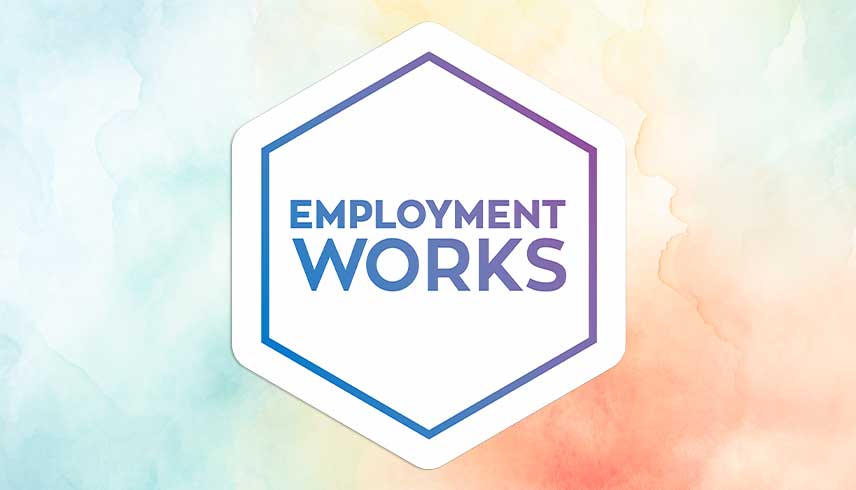 On a watercoloured background, in the middle of the image is the EmploymentWorks logo. The text in purple reads, "EmploymentWorks".