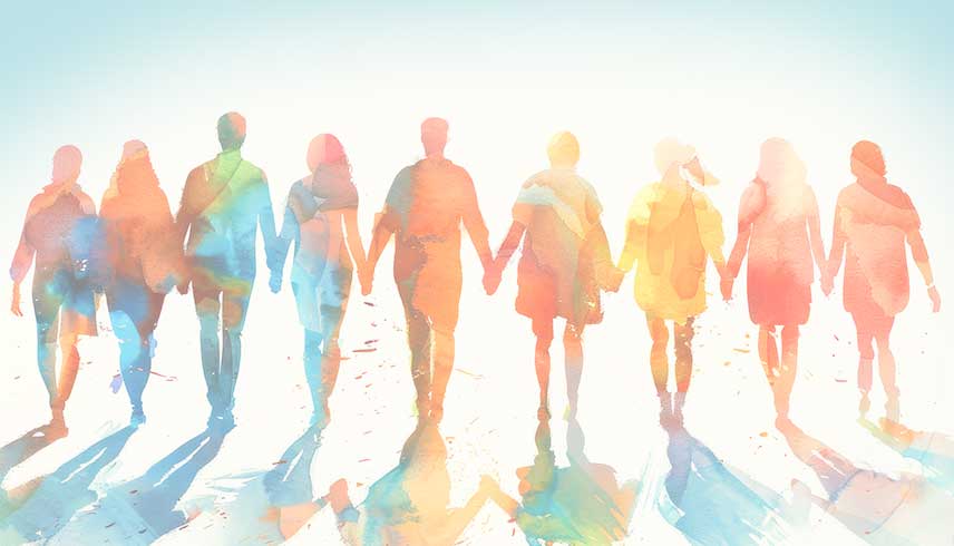 This image is a watercoloured graphic showing nine individuals as part of a team holding hands together. The image is for decorative purposes.