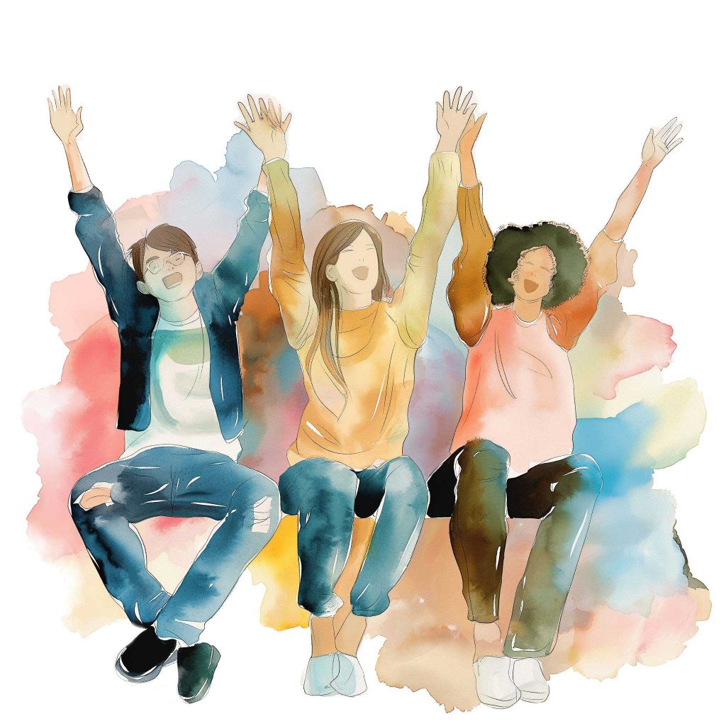 Three people sitting with arms raised against a colorful watercolor background. The image is meant to show a team working together. 