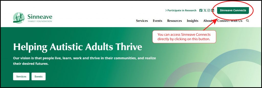 sinneave connects shortcut for website The image is a section of a website for the Sinneave Family Foundation. On the far right is a green button with the text "Sinneave Connects" inside it circled in red, with an arrow pointing towards it and a red box containing the text: "You can access Sinneave Connects directly by clicking on this button.