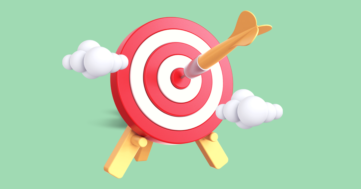 An illustration of a red and white circular target on a stand, against a light green background. There are a couple of clouds floating around it and an arrow in the bullseye in the centre.