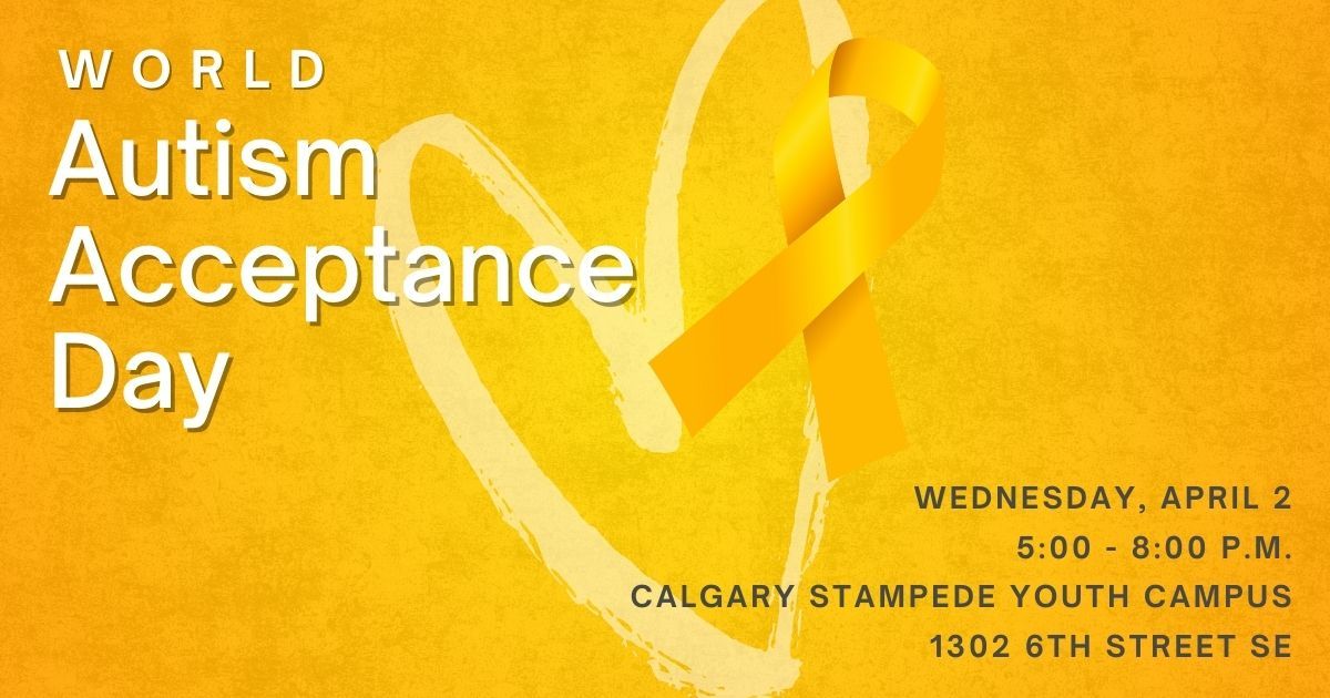 Promotional image for World Autism Acceptance Day with event details and a yellow ribbon on a yellow background.
