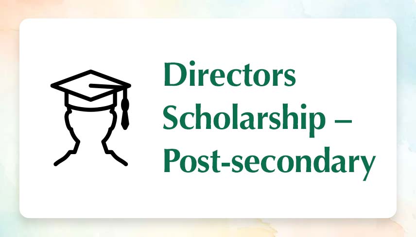 The image contains a simple, stylized outline of a head wearing a graduation cap on the left side. The cap is depicted with a flat top and a tassel hanging down. On the right side, in bold green text, are the words "Directors Scholarship – Post-secondary" set against a soft, multicolored background with hues of light peach, cream, and pale blue.