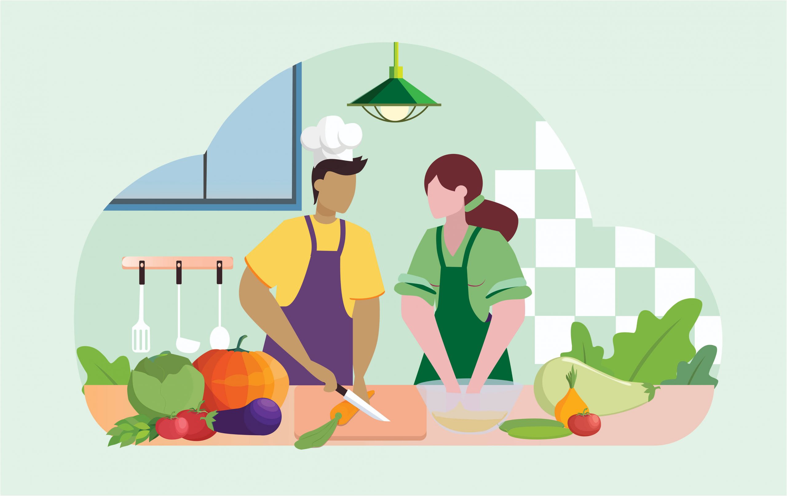 Two people are in a kitchen, working side by side at a cutting board. One is wearing a chef's hat and holding a knife, there are various fruits and vegetables on the counter.