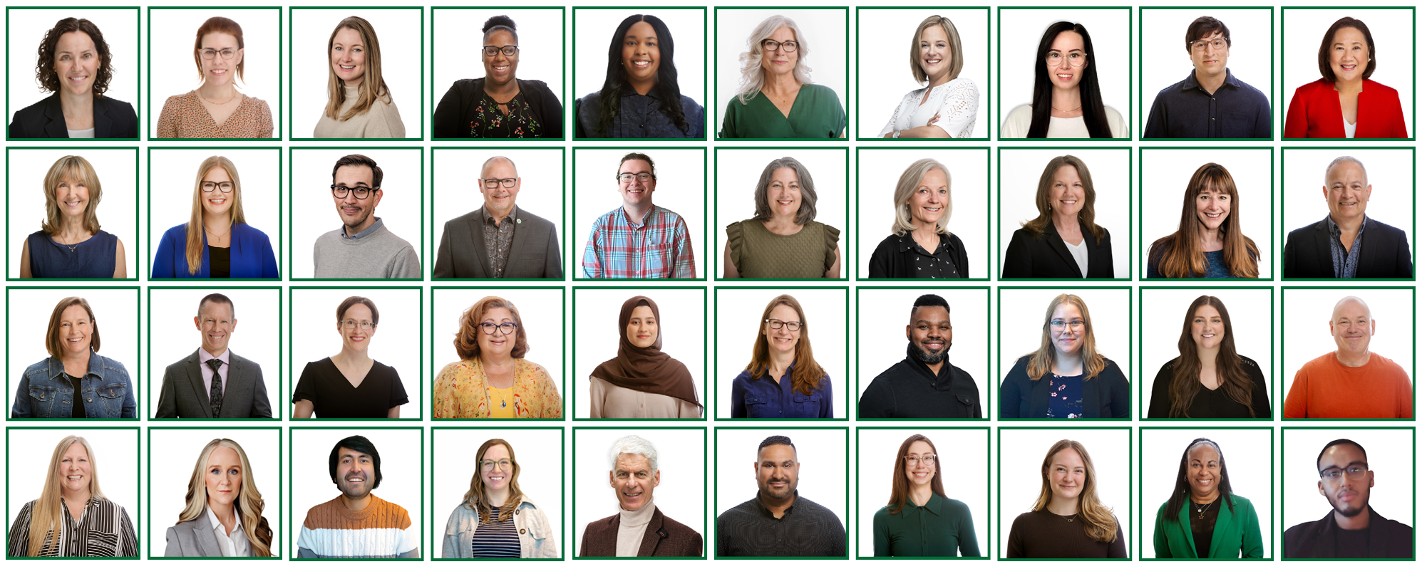 On a white background, are individual headshots of The Sinneave Family Foundation Staff members. There are 40 headshot pictures in total, one for each staff member. They are all smiling in their headshots.