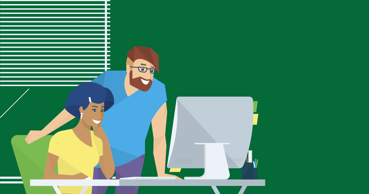 The illustration features 2 people, a woman is sitting at a desk, looking at a computer. There is a man standing, also looking at the screen. The background of the image is dark green.