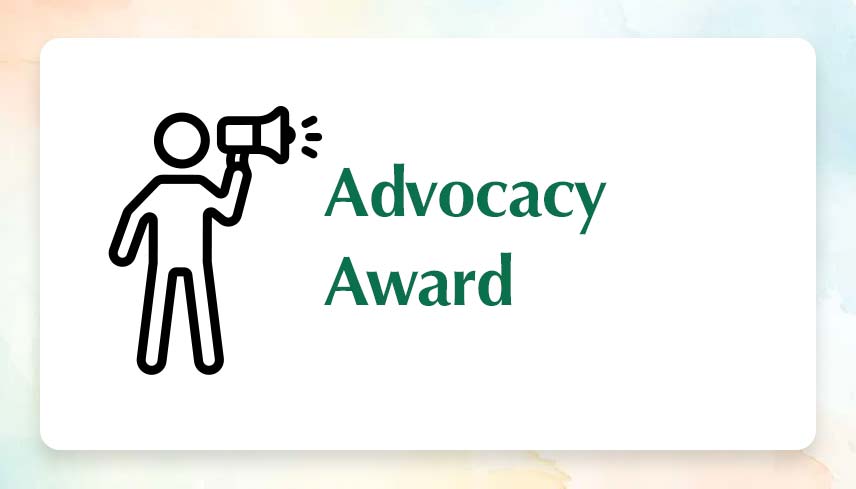The image features a simple design with a white rectangular background. On the left side, there is a black outline of a stick figure holding a megaphone to their mouth, suggesting communication or announcement. To the right, the text "Advocacy Award" is displayed in green, serif font. 