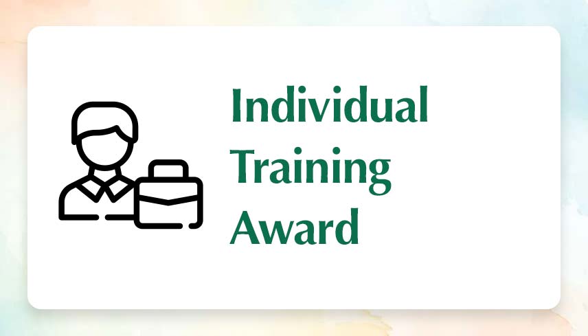 The image features a stylized icon of a person next to a briefcase on the left side, both outlined in black. To the right, green text reads "Individual Training Award." The background is a soft gradient of pastel colors, primarily light blue and peach, giving a subtle, calm appearance.