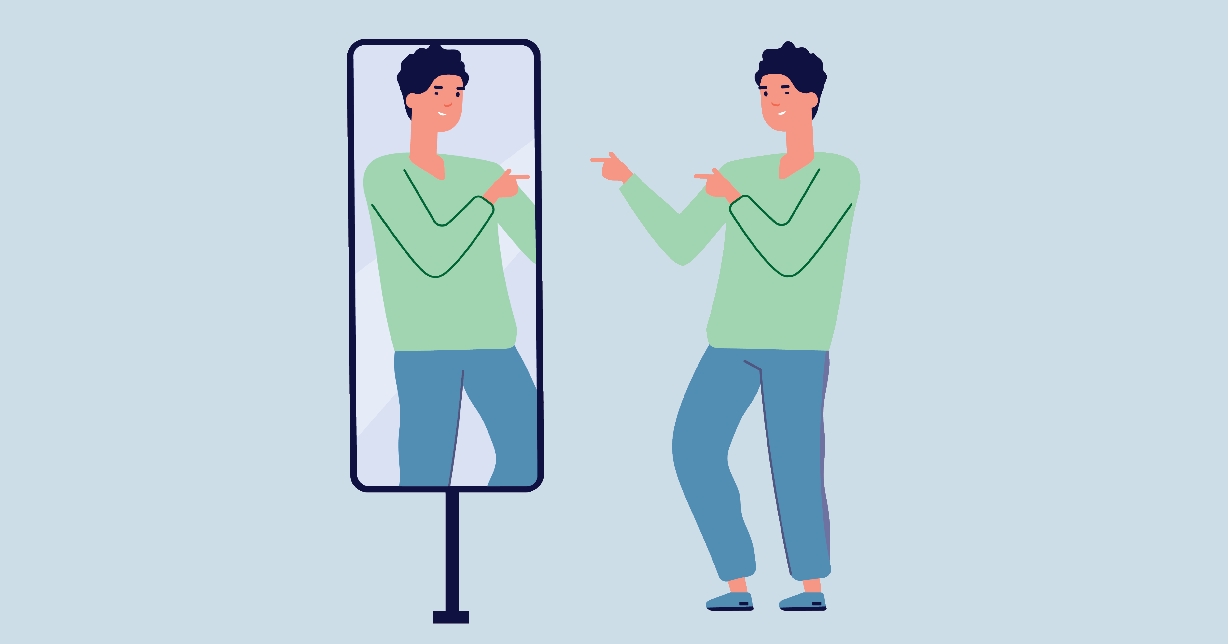 Person in a green shirt and blue pants looking at and pointing toward their reflection in a full-length mirror.