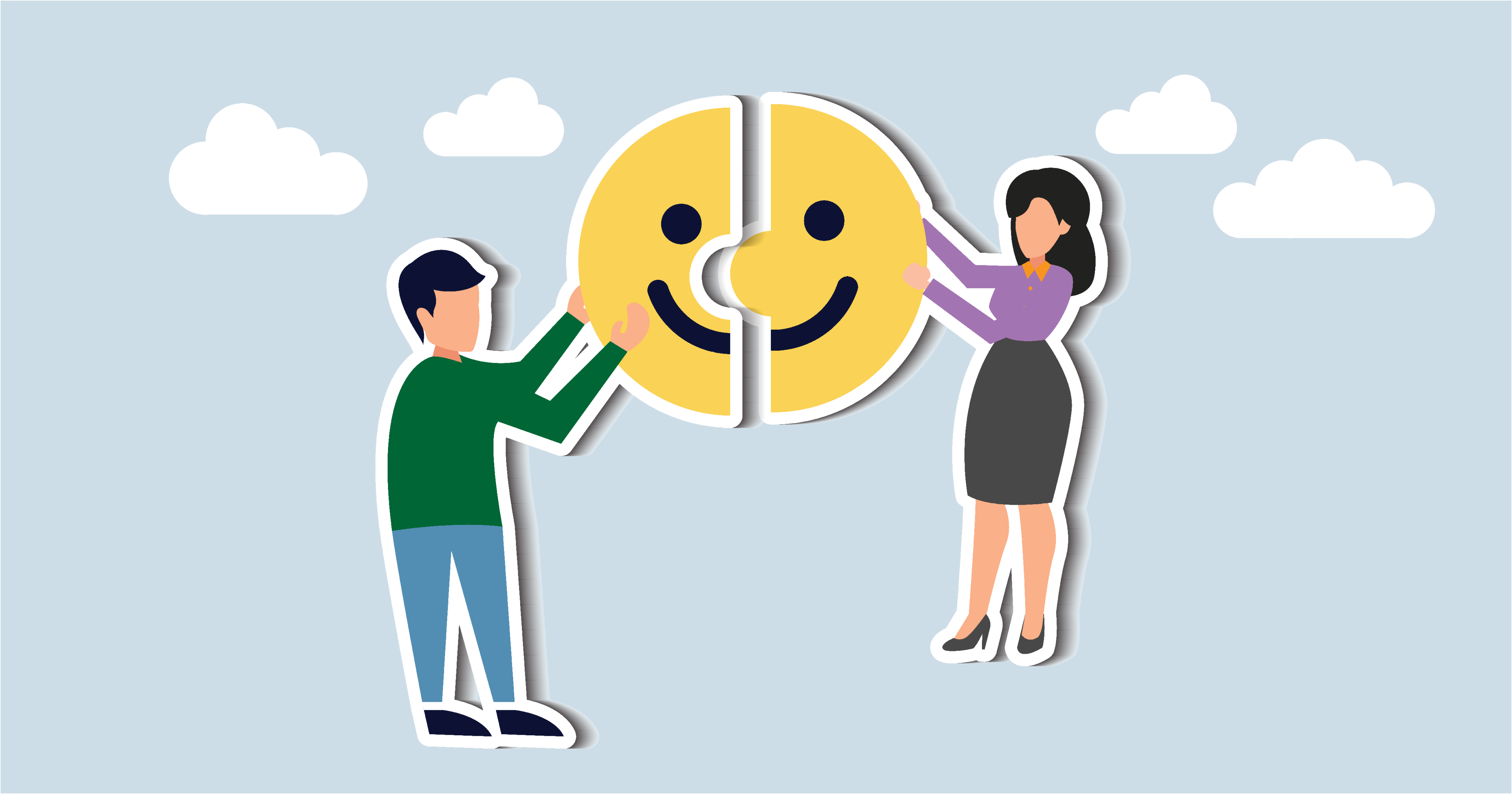 Two cartoon characters assembling a split smiley face against a blue background with clouds.