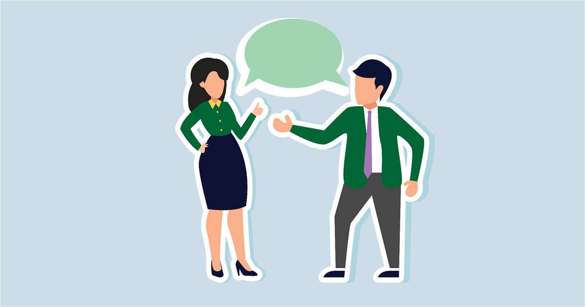 Illustration of a man and woman dressed professionally for a job interview with a speech bubble above them, suggesting conversation.