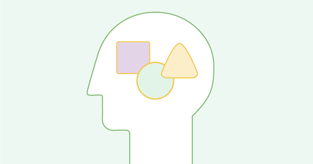 Outline of a human head with overlapping square, circle, and triangle inside.