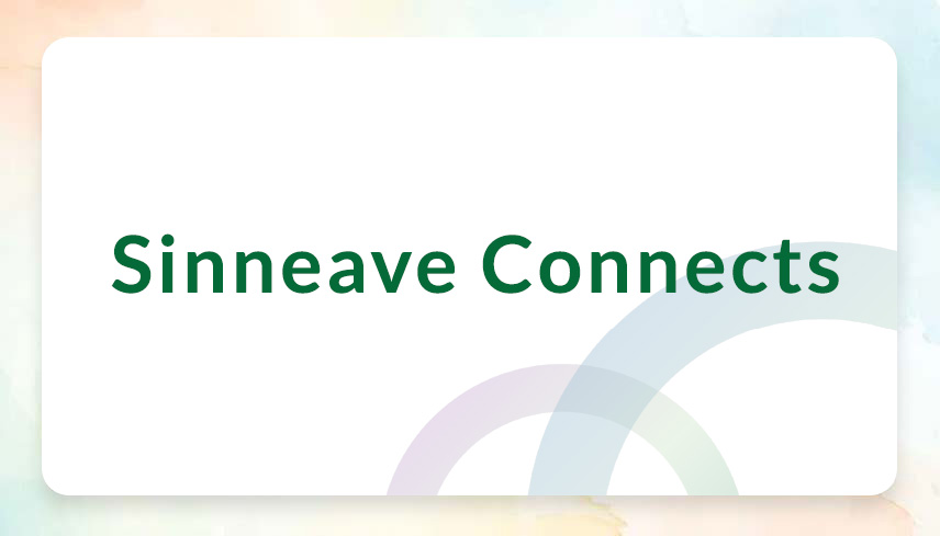 The image features a white background with soft pastel hues at the corners. In the center, the phrase "Sinneave Connects" is written in bold, green letters. Below the text, two overlapping, semi-transparent arcs in shades of purple and green add a subtle design element.