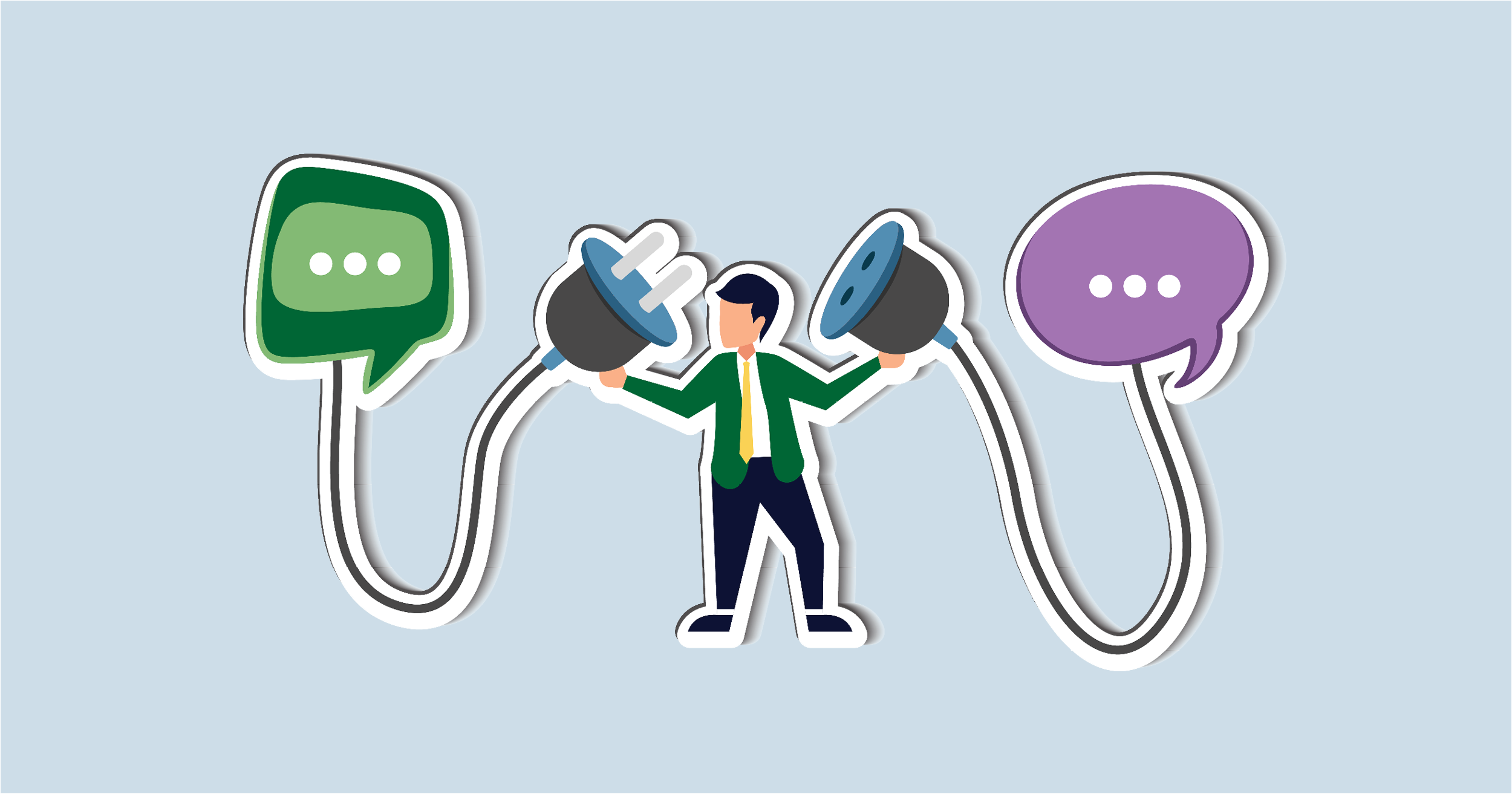 The image features an illustration of a person standing against a light blue background. The individual wears a green jacket, yellow tie, and dark pants. He is holding a large black electrical plug in each hand. The left plug resembles a traditional electrical plug with two prongs, and the right plug looks like a socket. The plugs have cords extending outward. On the left side of the image, the cord connects to a green speech bubble with white ellipses, implying text or communication. On the right, a purple speech bubble with white ellipses is connected, suggesting a dialogue or connection theme.
