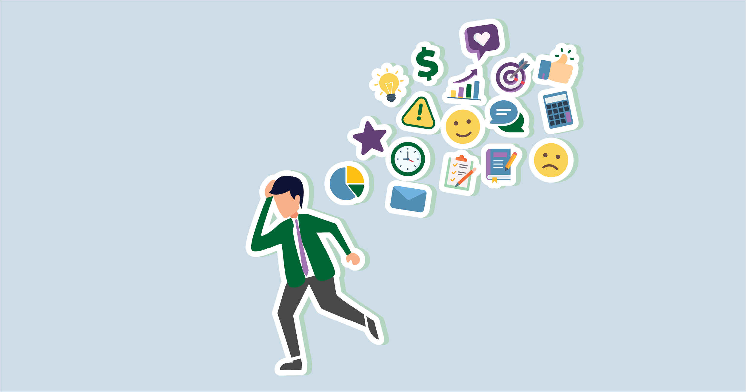 Illustration of a stressed person with various task-related icons over their head.