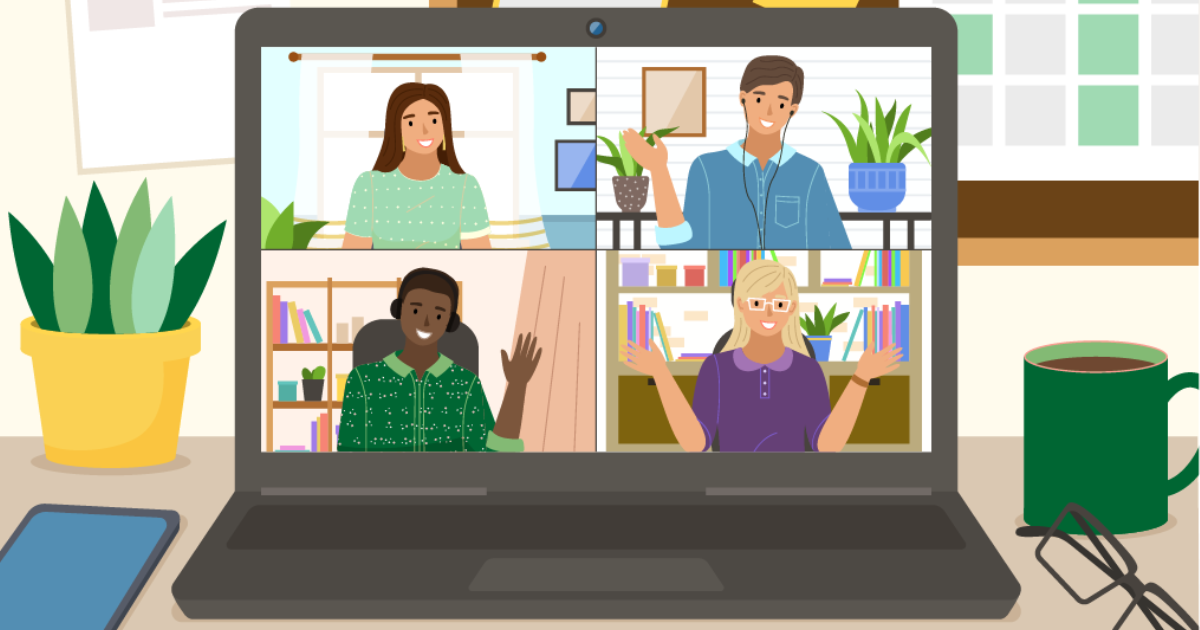 A colourful illustration featuring an open laptop computer on a desk, surrounded by various items: a coffee mug, a pair of glasses, a phone and a plant. on the laptop screen is a grid with four squares and a person in each square--indicating it's an online meeting.