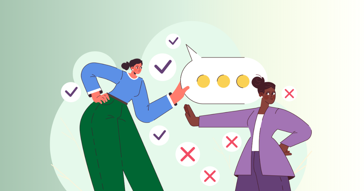 Against a light green gradient backdrop, two women are having an argument. The one on the left has a hand on her hip and is pointing at the other. The woman on the right has her hand out rebuffing the first woman. There are symbols around them indicating they are in conflict and having a discussion where they are not always in agreement.