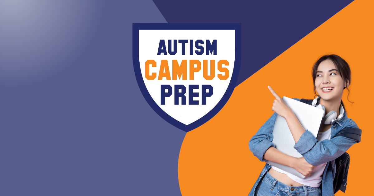 The image features a split three-color background with a purple left side, blue in the middle and an orange right side. On the left, there is a shield emblem with a blue border containing the text "Autism Campus Prep" in blue and orange capital letters. On the right, a smiling person with long dark hair is wearing a denim jacket and white headphones around the neck. The person is holding a white binder and is looking to the left while pointing with their right hand to the emblem.