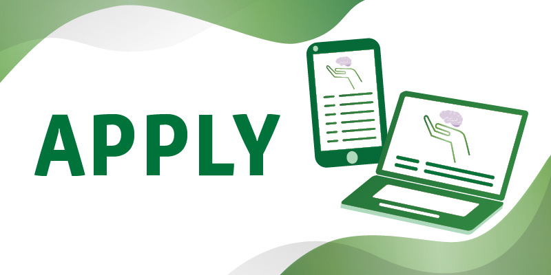 The image features a predominantly green and white color scheme. On the left side, the word "APPLY" is displayed in large, bold green capital letters. To the right, there is an image of a tablet and a laptop. Both devices are green with white screens. The screen displays a simplistic icon of a hand holding a brain, which is depicted in outline form above lines representing text. The background includes soft green waves at the top and bottom, creating a fluid and dynamic visual effect.