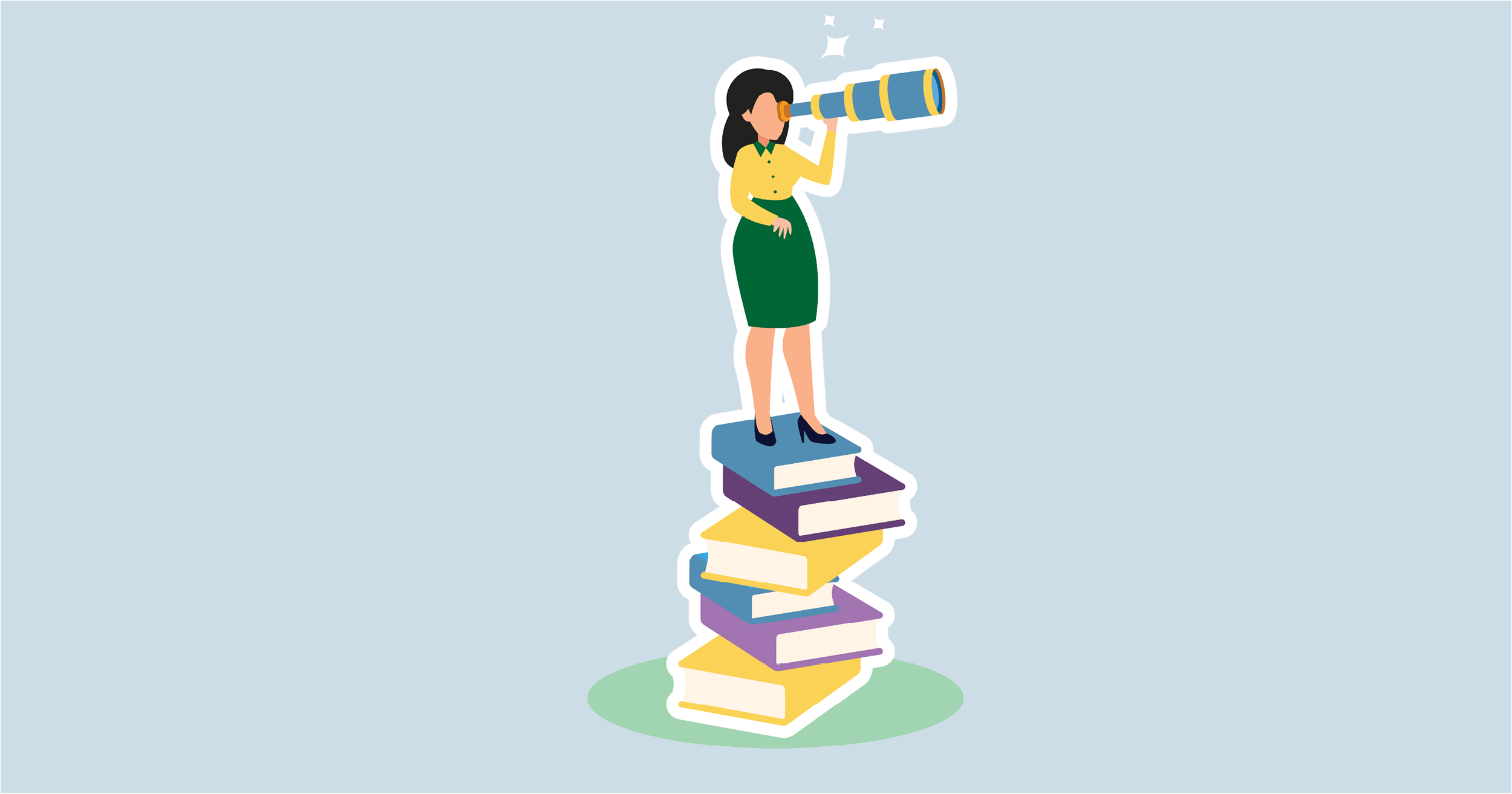 The image features an illustration of a woman standing atop a stack of large books, looking through a telescope. The stack consists of four books of different colors: blue, purple, yellow, and green, arranged from top to bottom. The woman is wearing a yellow blouse and a green skirt, with black high heels. She holds a blue and yellow telescope to her eye, pointed upwards, with two white stars in the background. The background is a light blue color, and a subtle green oval represents the ground beneath the books.