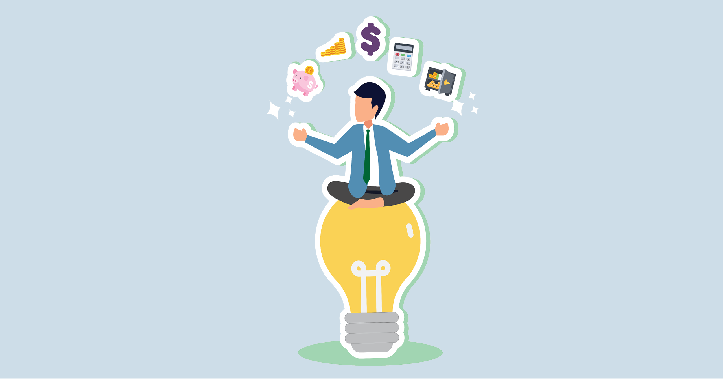 The image shows an illustrated person in a business suit sitting cross-legged atop a large, yellow lightbulb. The background is a light blue. Surrounding the person's head are five different icons representing financial concepts: a stack of coins with an upward arrow, a pink piggy bank with a coin, a purple dollar symbol, a calculator, and an open safe with coins inside.
