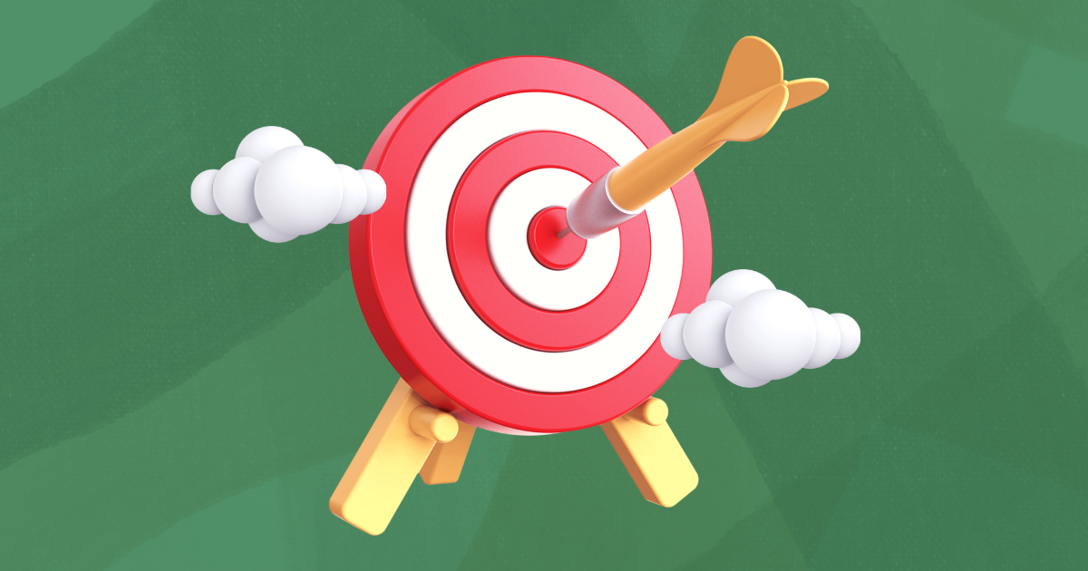 3D bullseye target with an arrow in the center, surrounded by clouds.