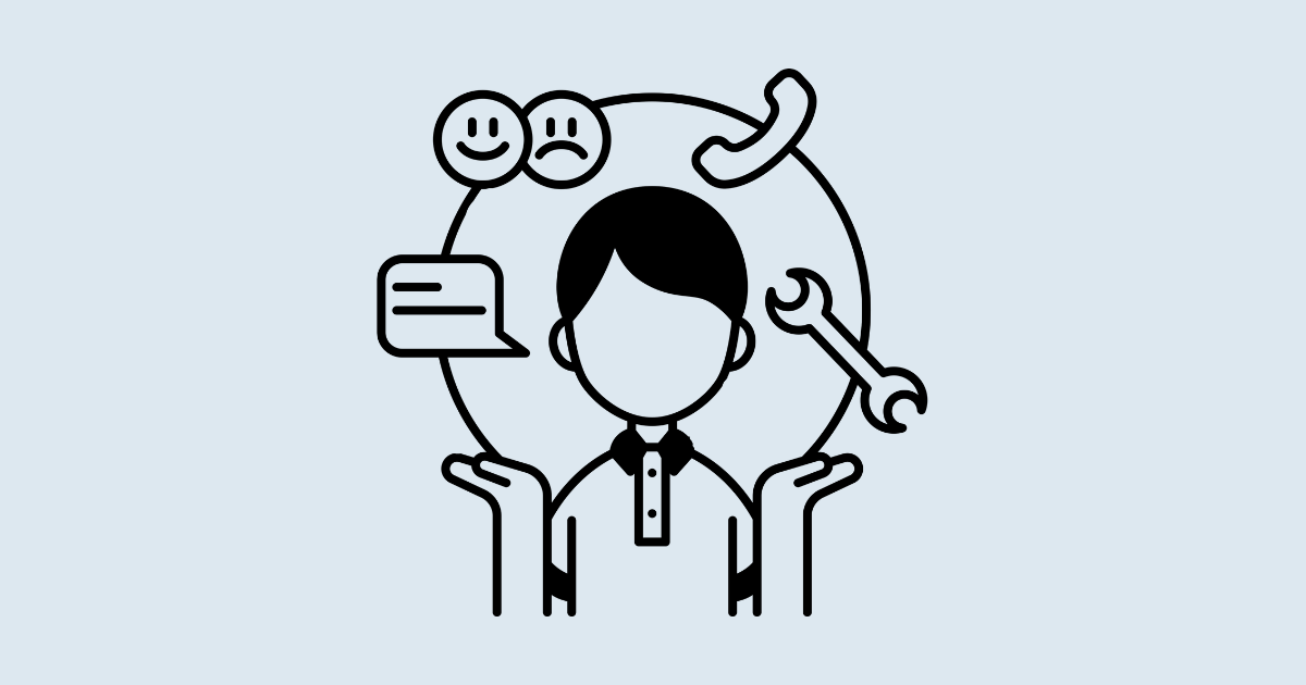Decorative image. An icon of a person with hands up, juggling several smaller icons around them: speech bubble, happy and sad faces, a phone, a wrench.